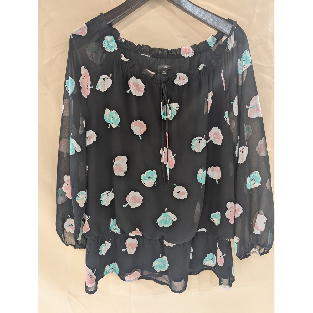 Ann Taylor XL Black Floral Print Sheer Long Sleeve Blouse Tie Neck - Picture 1 of 7